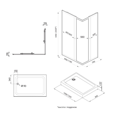 Душевое ограждение Triton Вента-Блэк 100*80*202 L/R с поддоном